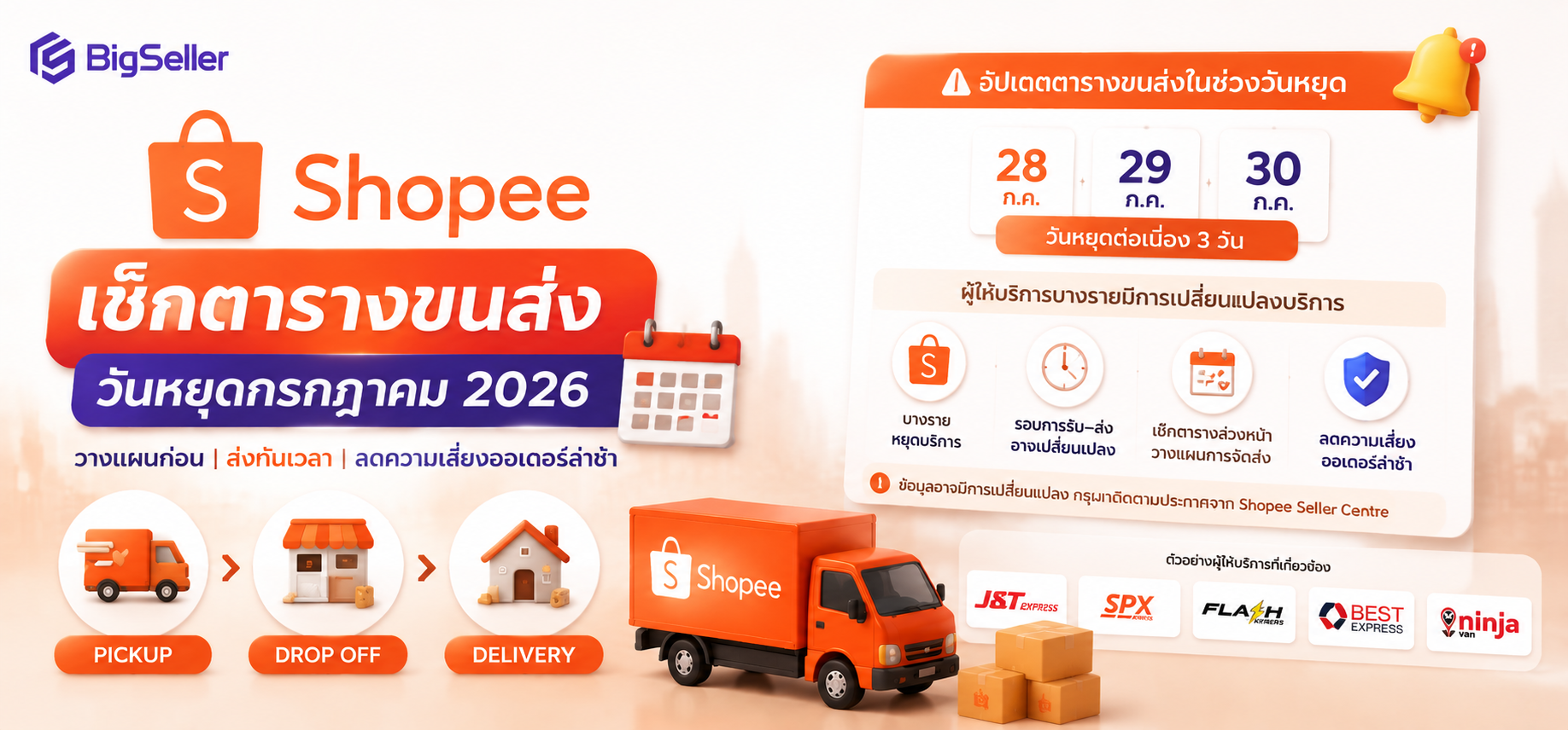 Shopee วันหยุดกรกฎาคม 2026: เช็กตารางขนส่ง Pickup, Drop Off และ Delivery ลดความเสี่ยงออเดอร์ล่าช้า