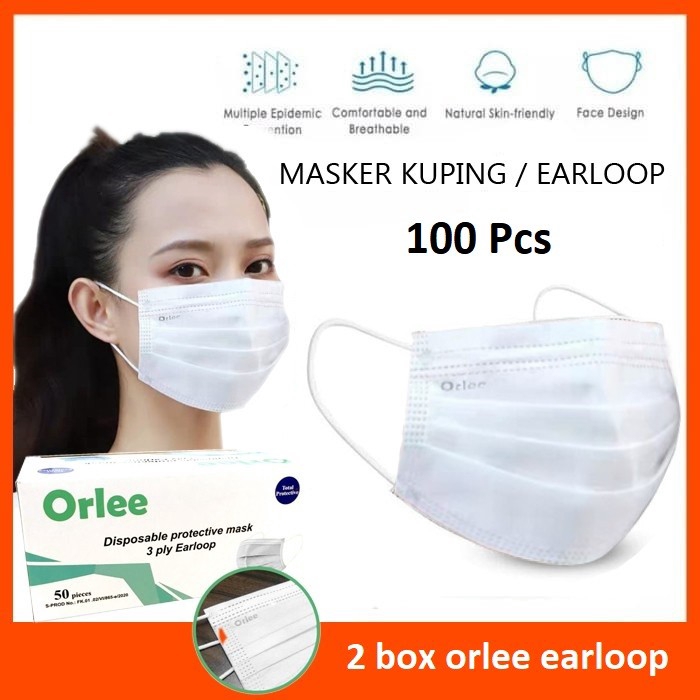 Masker Earloop Kuping 3 Ply ORLEE BUNDLING 2 box 100Pcs