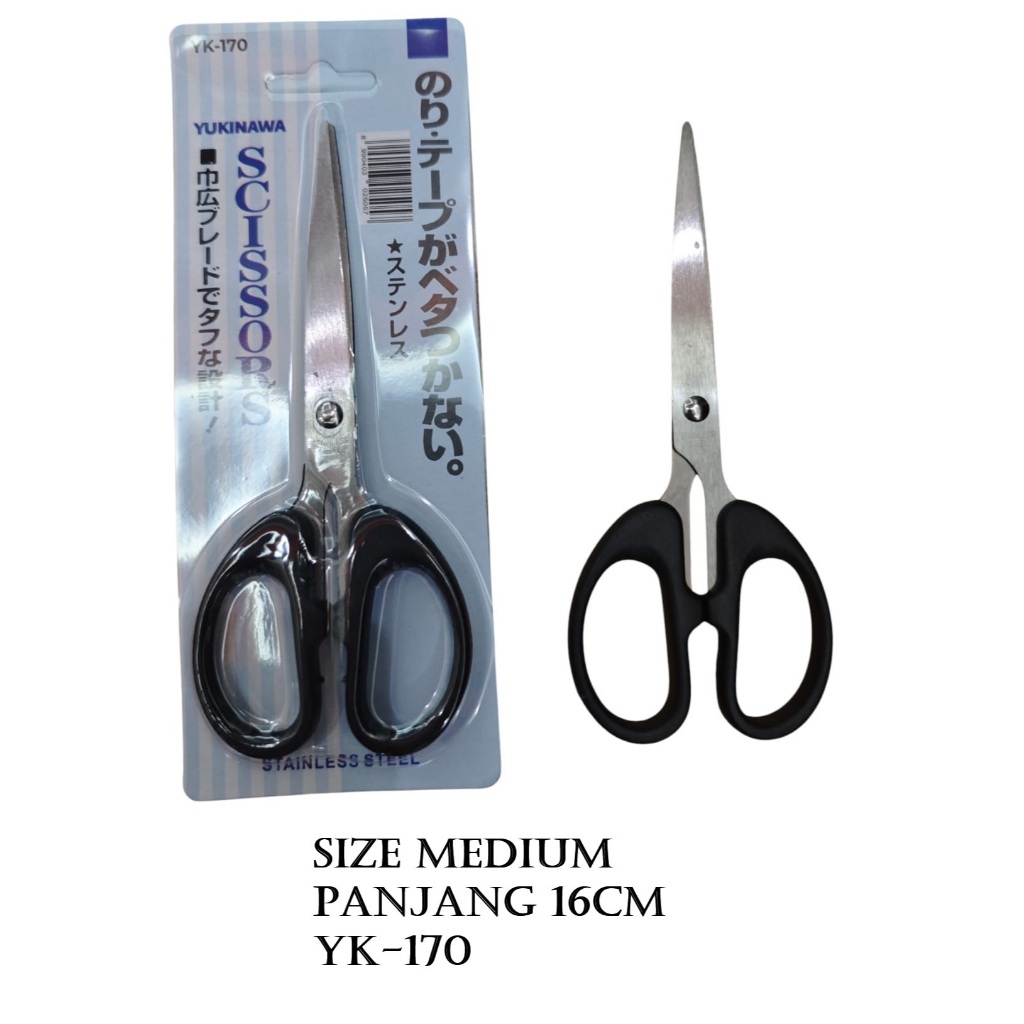 Gunting Kertas Kain Tajam lancip Stainless Steel Ukuran Kecil Medium Sedang Tanggung Besar 12 16 20 cm 4 inch 12CM 6 inch 16CM 8 inch 20CM Baja Tahan Karat Kuat Scissors Multifungsi Gagang Hitam YUKINAWA YK-150 TK-170 YK-190 Soft Grip Gunting Kantor ATK