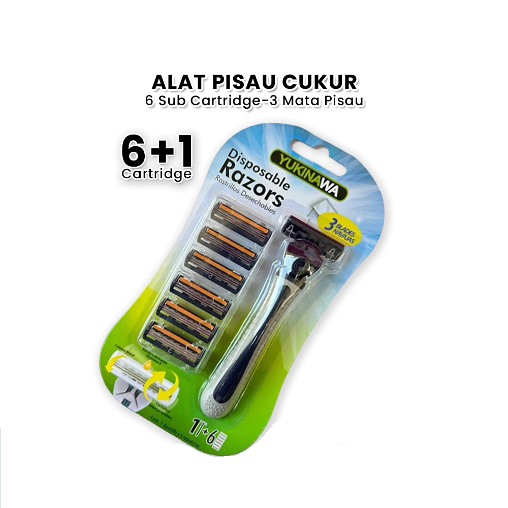Pisau Alat Cukur Yukinawa isi 7 Razor Manual Set gagang Pegangan Anti Licin Empuk Tahan Lama Pisau tiga 3 lapis Mata Silet cukur Kumis janggut Jenggot isi ulang ganti mata pisau Pria Wanita Disposable 3 Razors Dudukan kepala Strip Pelicin Kulit