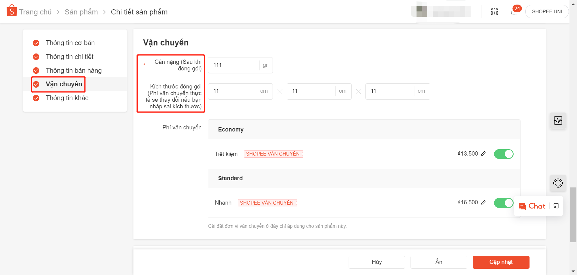 Tính phí vận chuyển Shopee