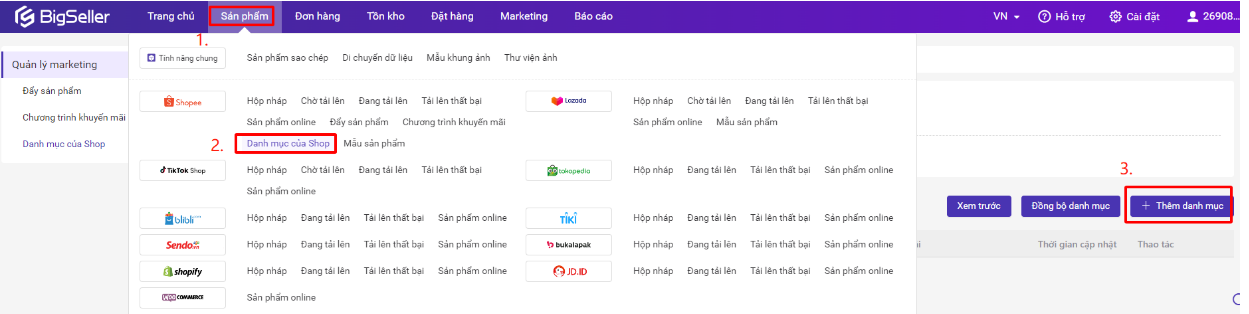 Danh mục của shop