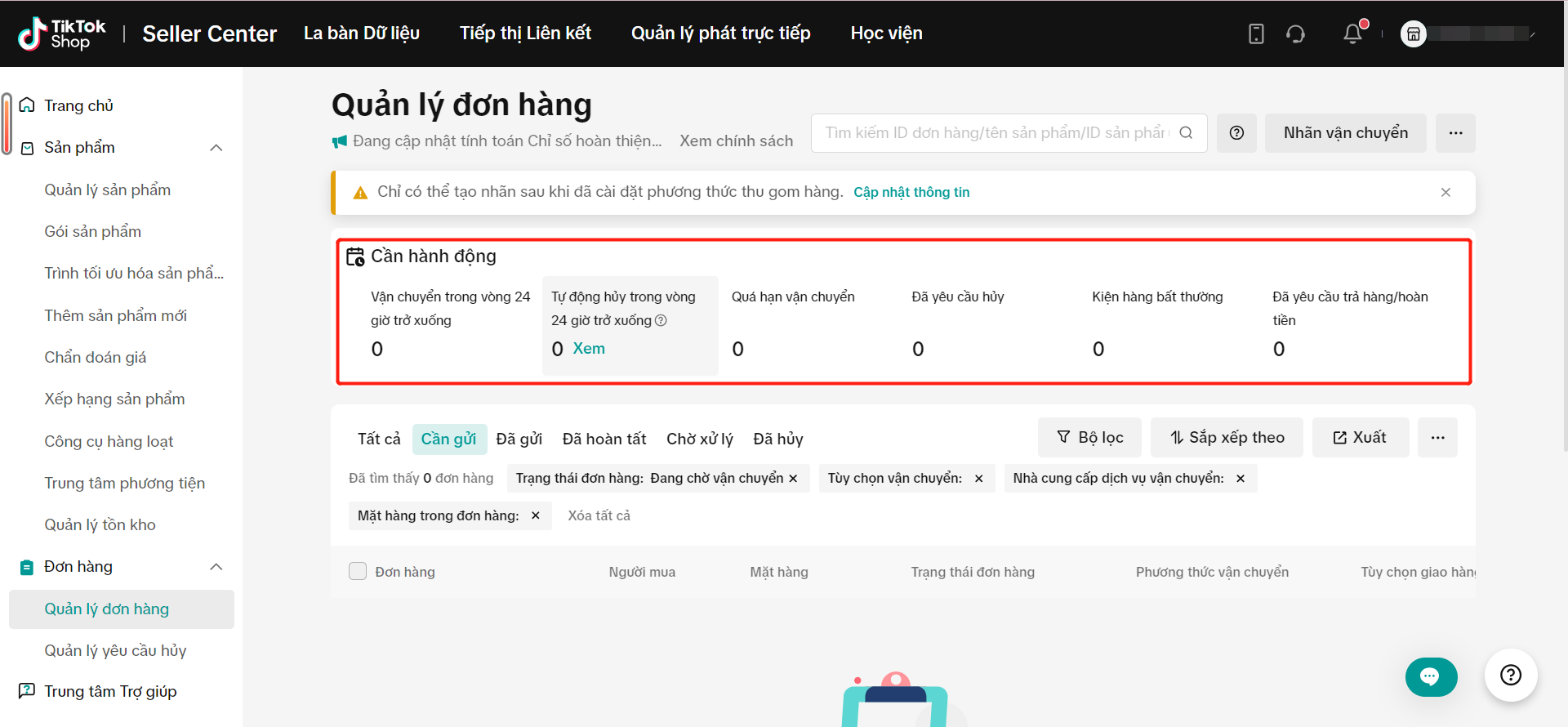quản lý đơn hàng tiktok giao diện mới