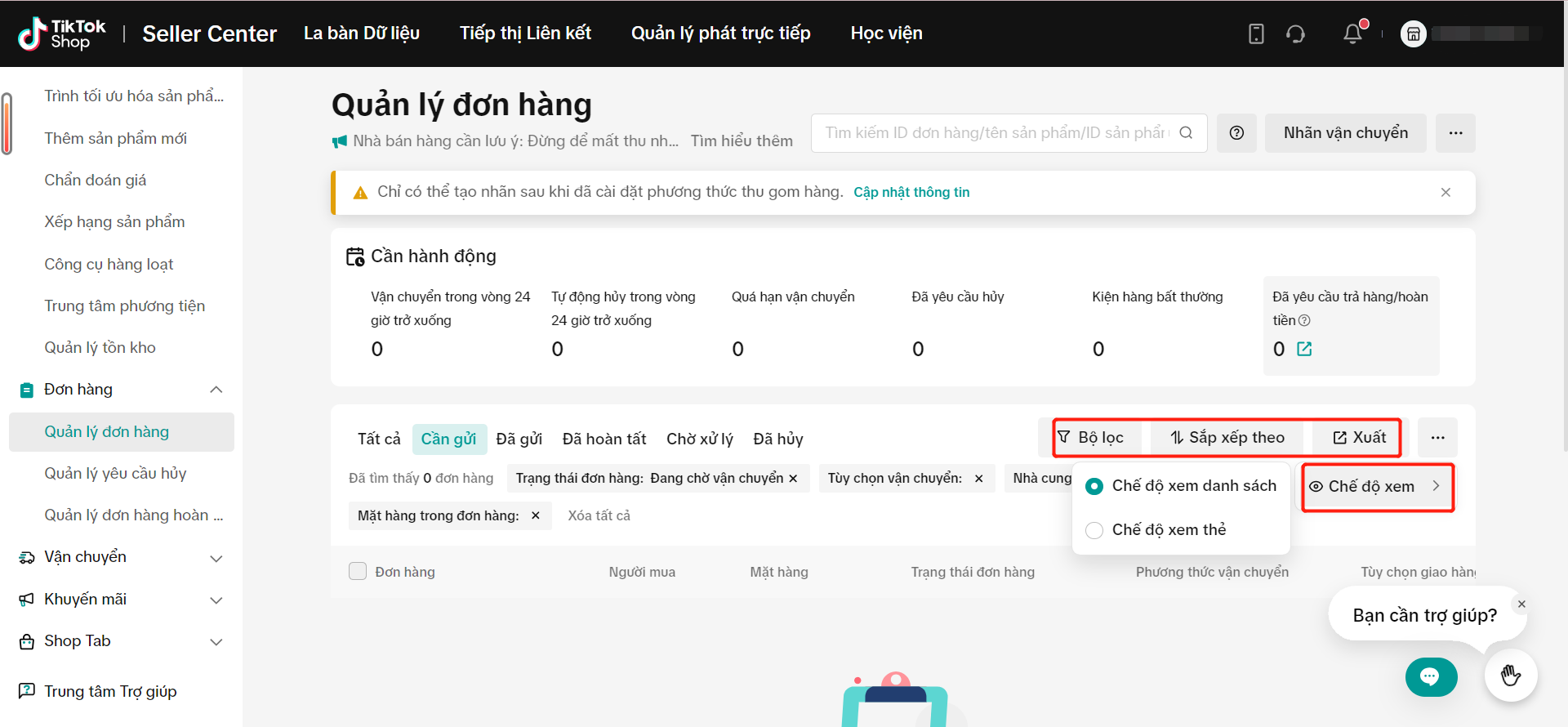 quản lý đơn hàng tiktok mới