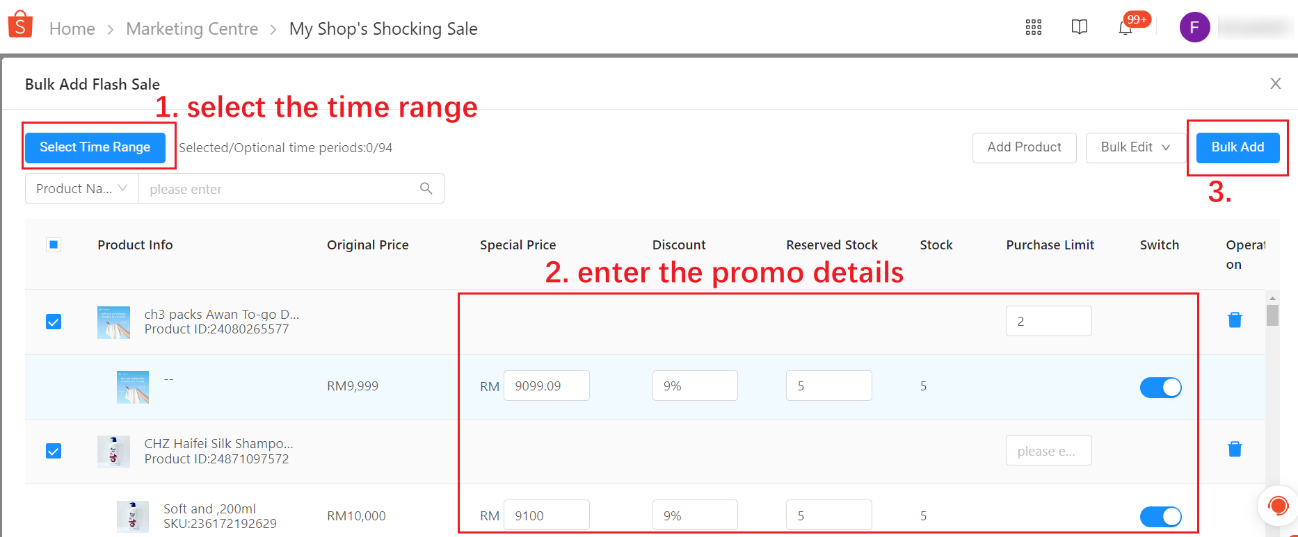 then enter the promo details > bulk add
