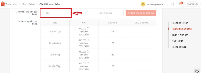 Điền giá sản phẩm