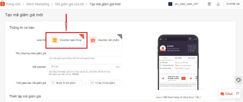 Tạo mã giảm giá Shopee - Voucher toàn Shop