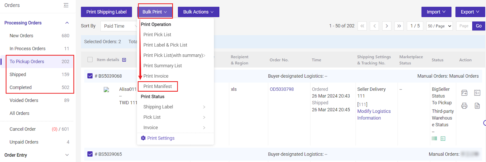bigseller Manifest Manage