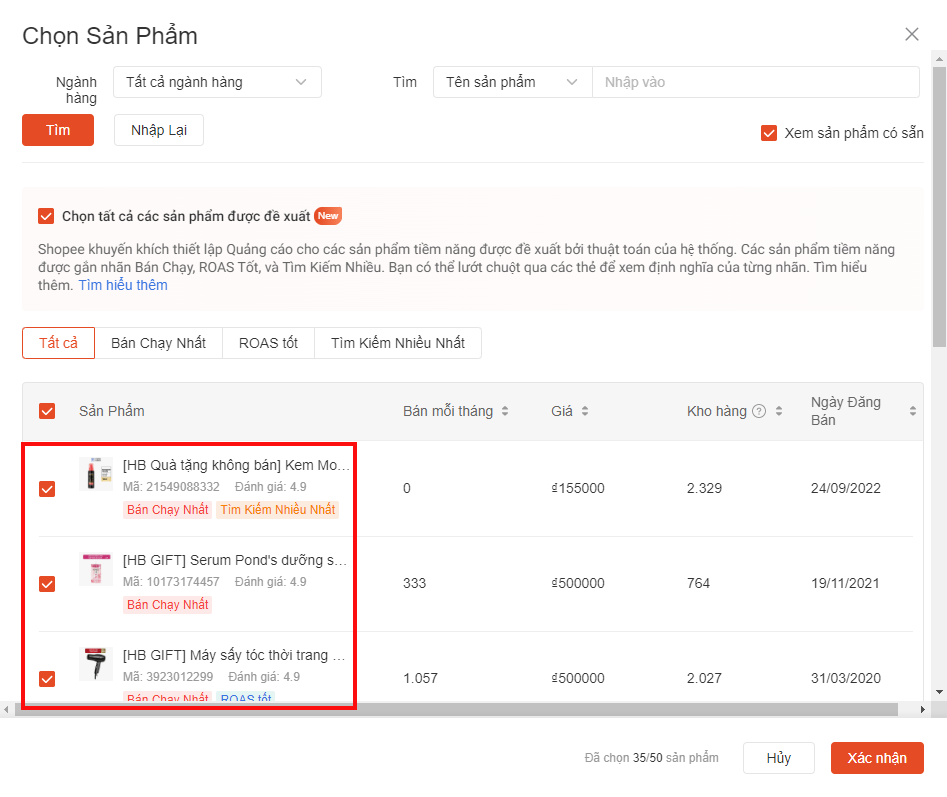 Phân bổ ngân sách đồng đều cho mọi sản phẩm cho từng loại quảng cáo Shopee