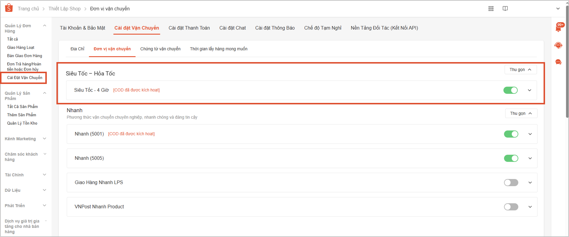 Cập nhật Phương thức vận chuyển Shopee 