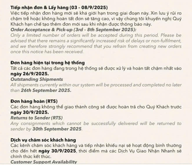 Dịch vụ Giao Nhận Nhanh Ninja Van ngừng hoạt động từ 30/9/2025