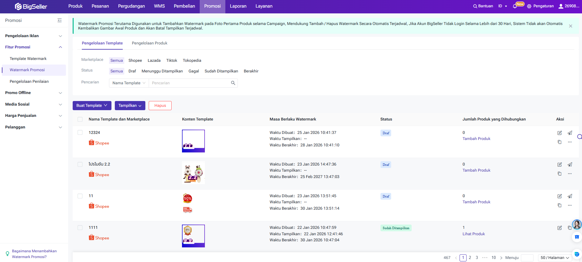 Fitur Pengelolaan Promosi Watermark BigSeller