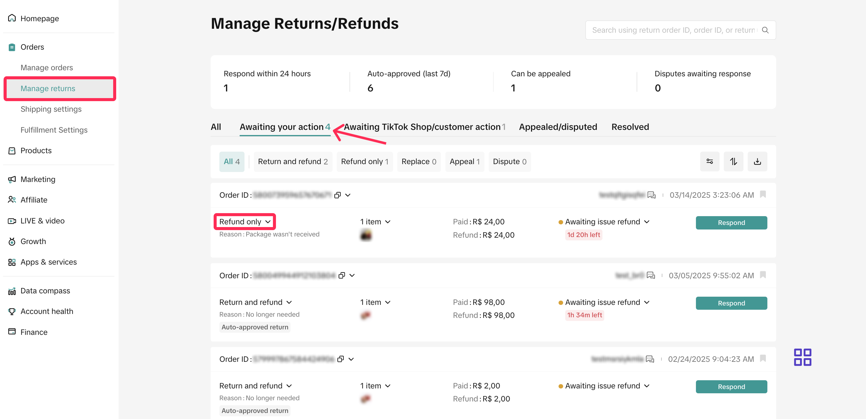 where to find tiktok shop refund-only requests