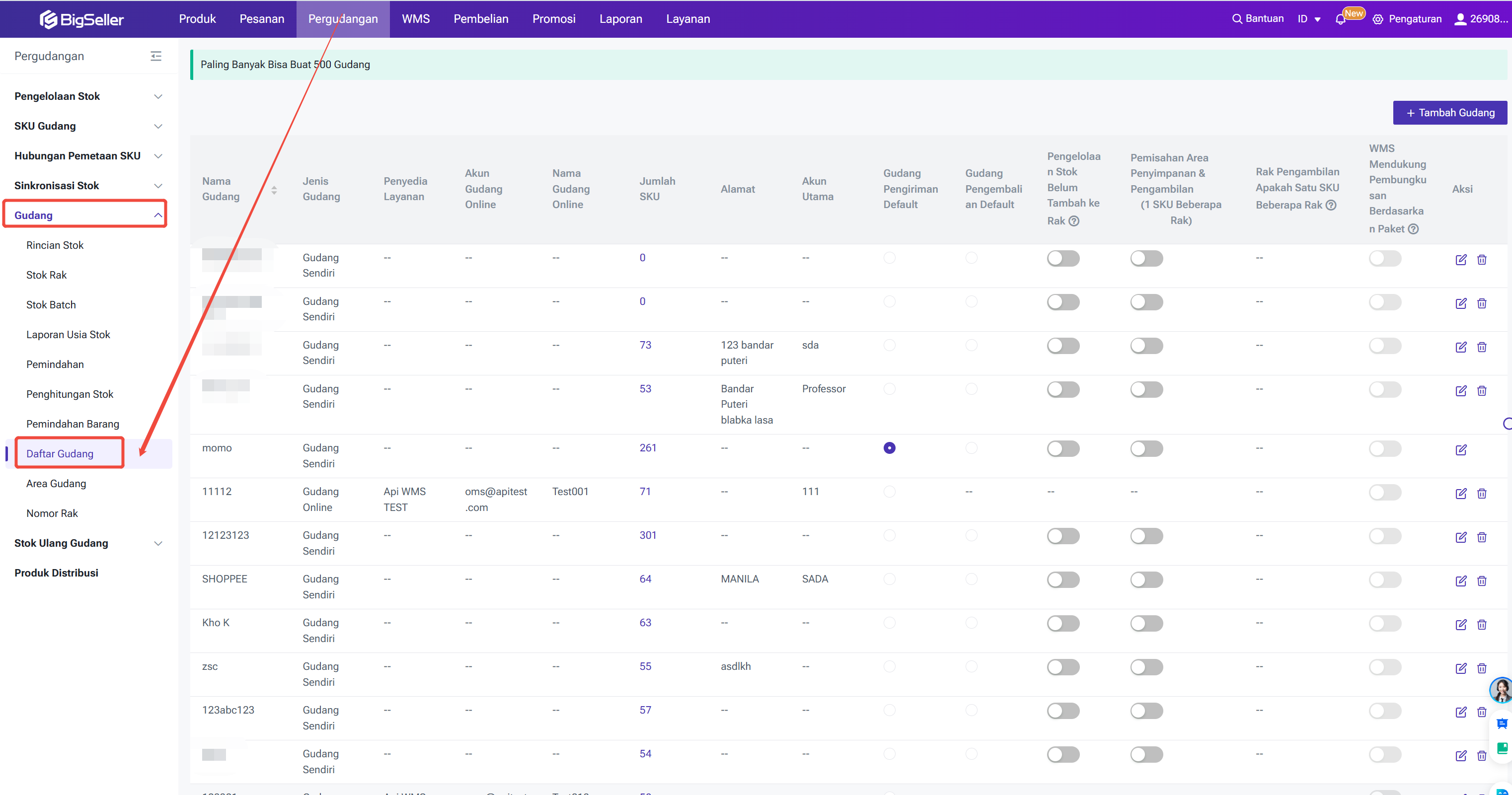Daftar Gudang BigSeller