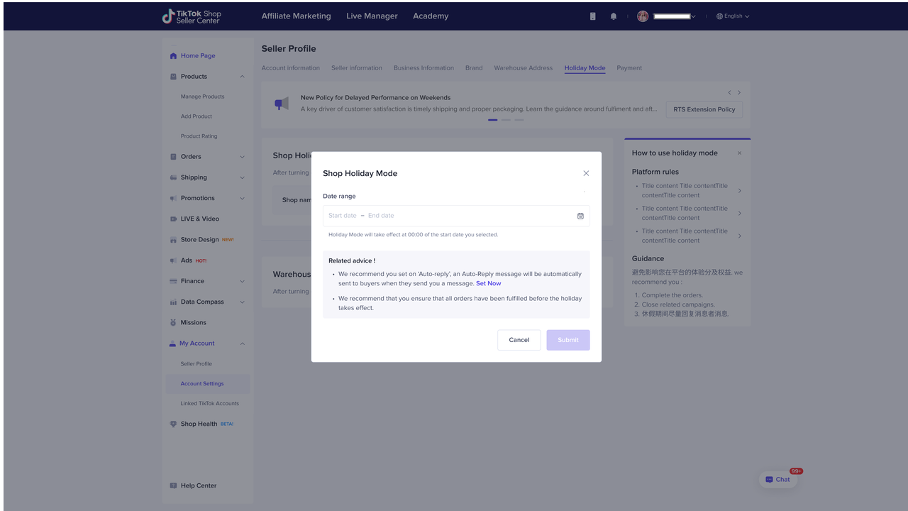 tiktok shop holiday mode