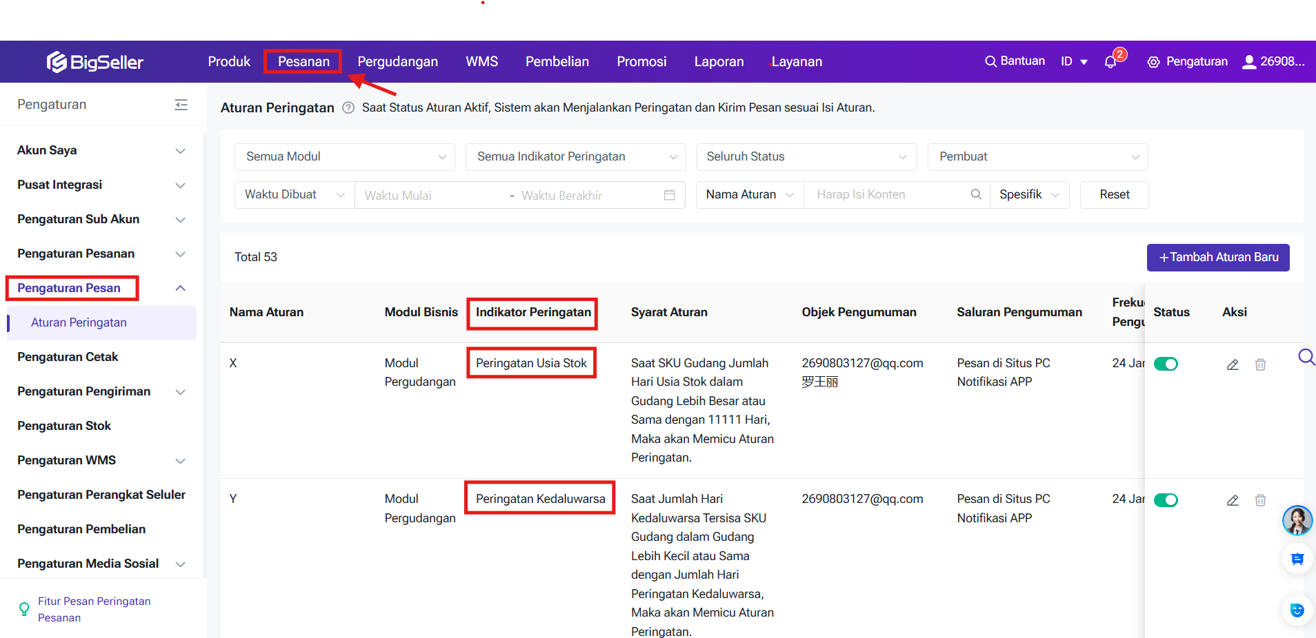 Fitur Pesanan Indikator Peringatan Dini Sistem Omnichannel BigSeller