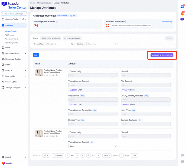 lazada product listing attribute management