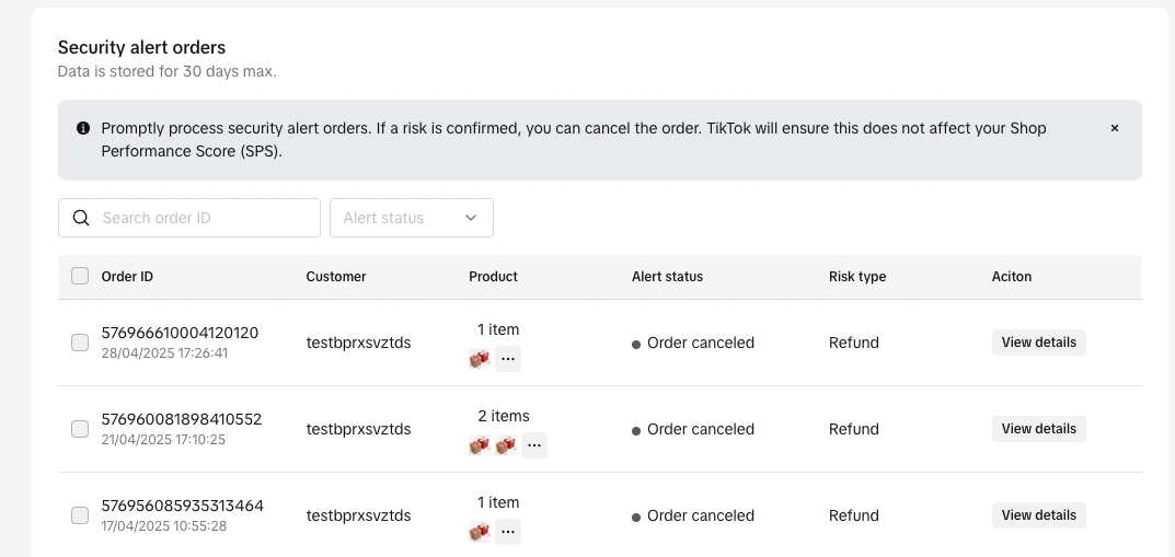tiktok seller security alert order