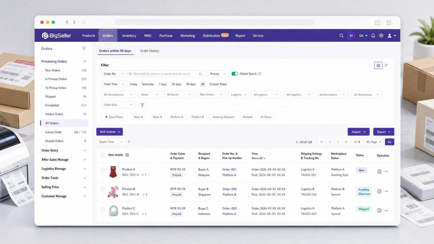 BigSeller Orders: unified order queue, filters, batch actions, and fulfillment status