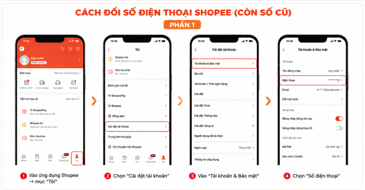 Bước đổi số điện thoại shopee khi còn số cũ 