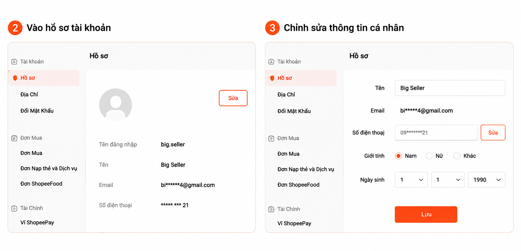 Bước đổi số điện thoại Shopee trên website