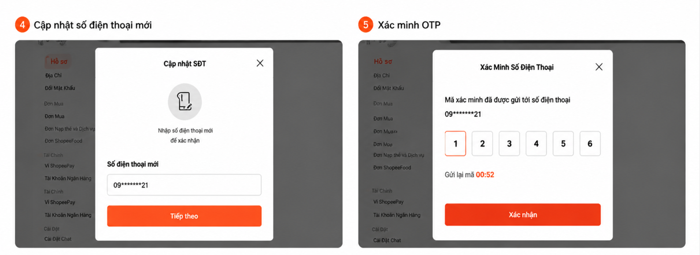 Bước đổi số điện thoại Shopee trên website