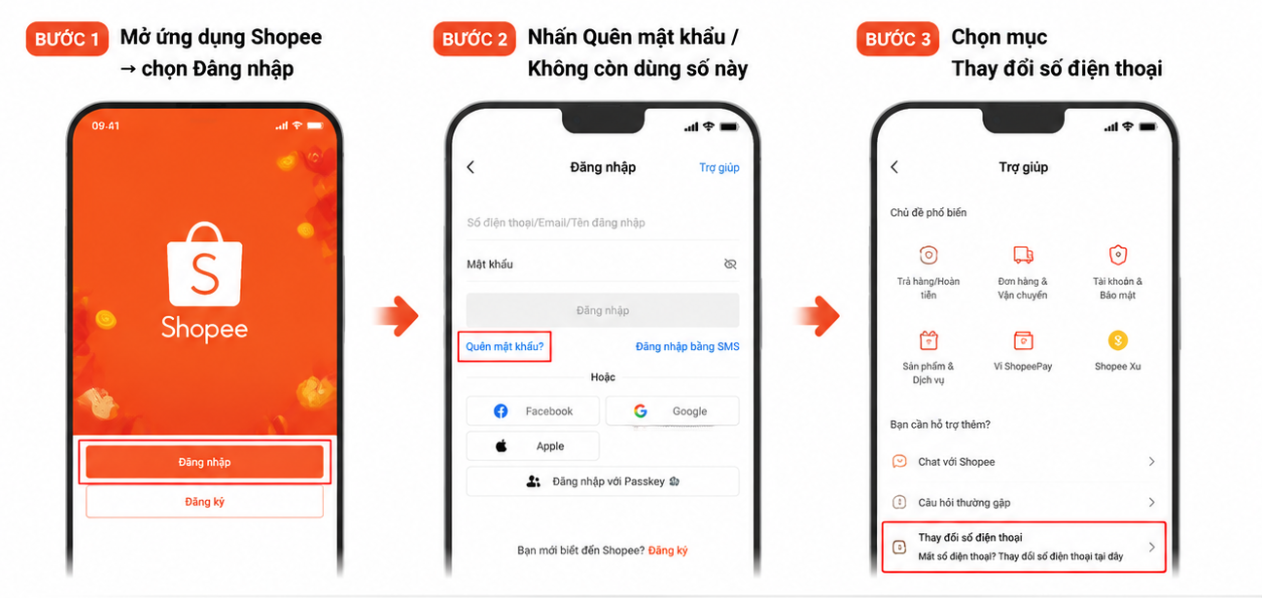 Bước đổi số điện thoại shopee khi mất số cũ