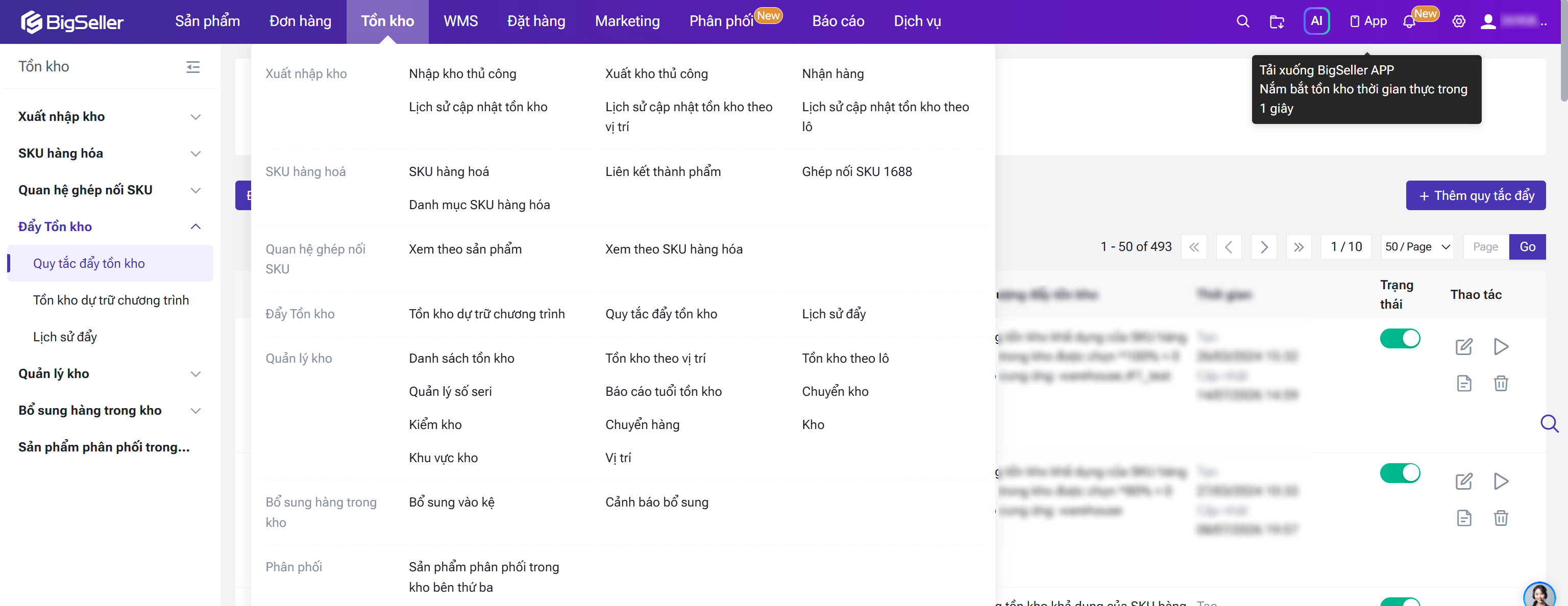 Giao diện quản lý tồn kho với BigSeller