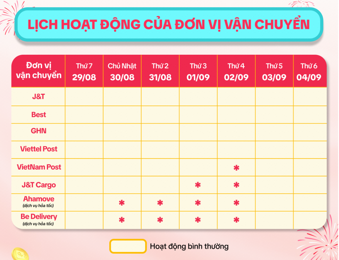 Lịch vận chuyển TikTok quốc khánh 2/9/2026