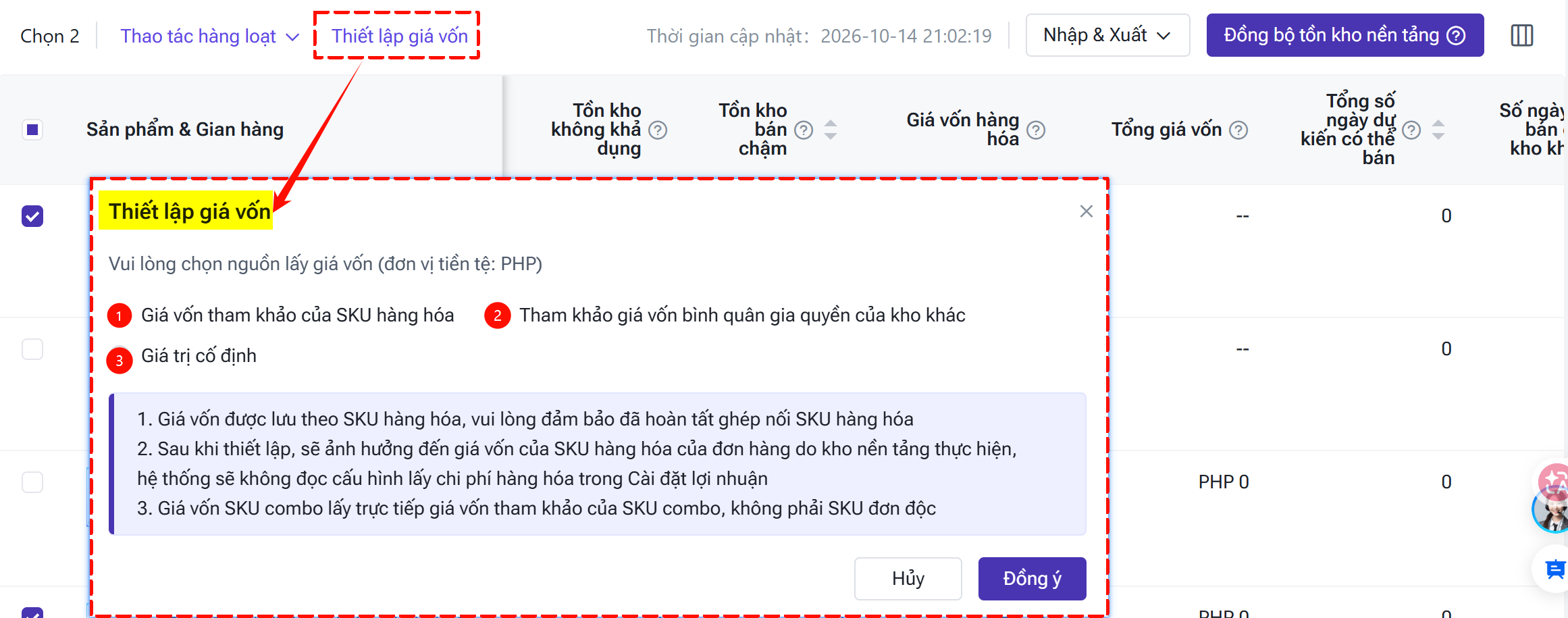 Thiết lập giá vốn