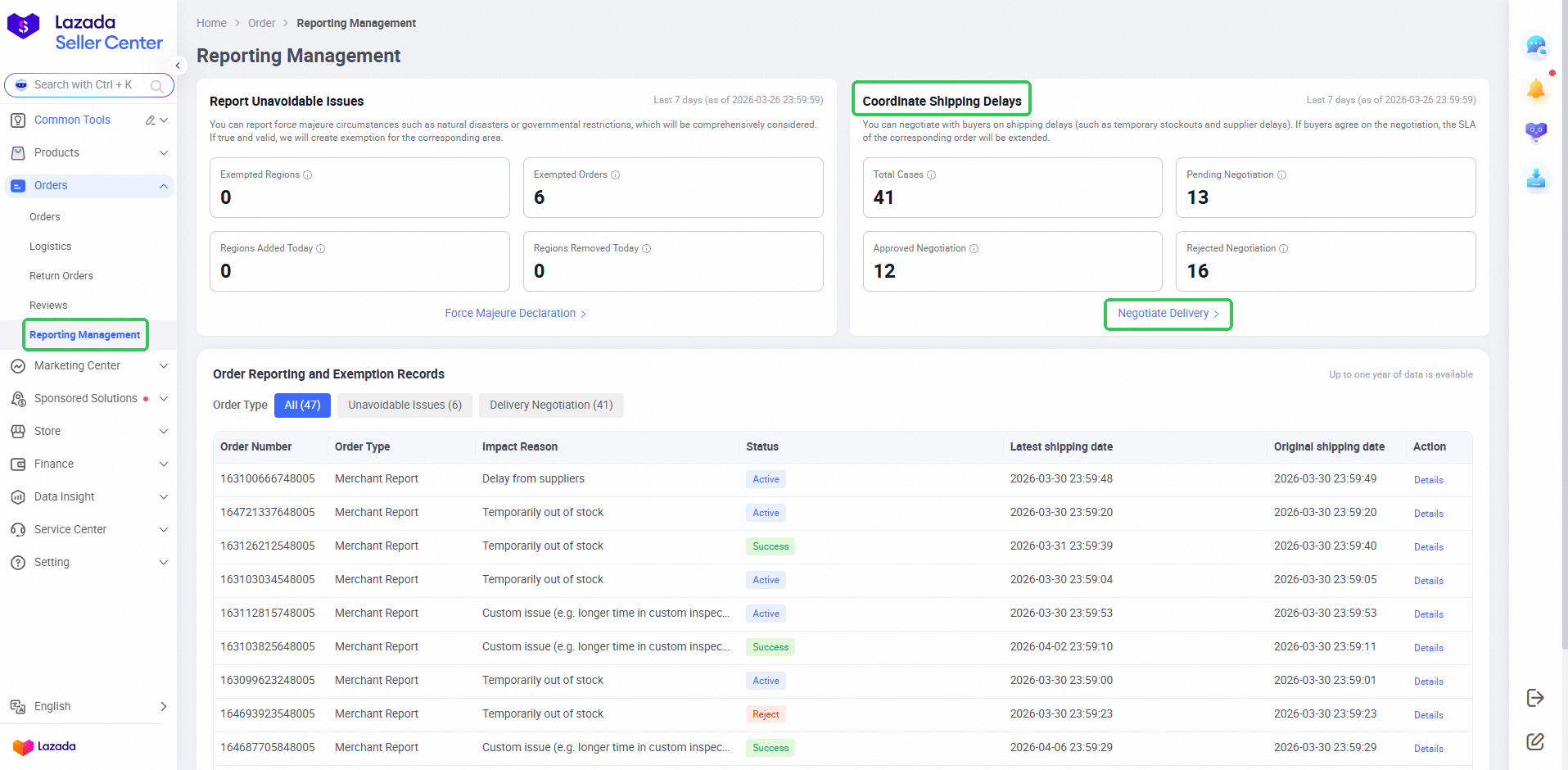 lazada reporting management page